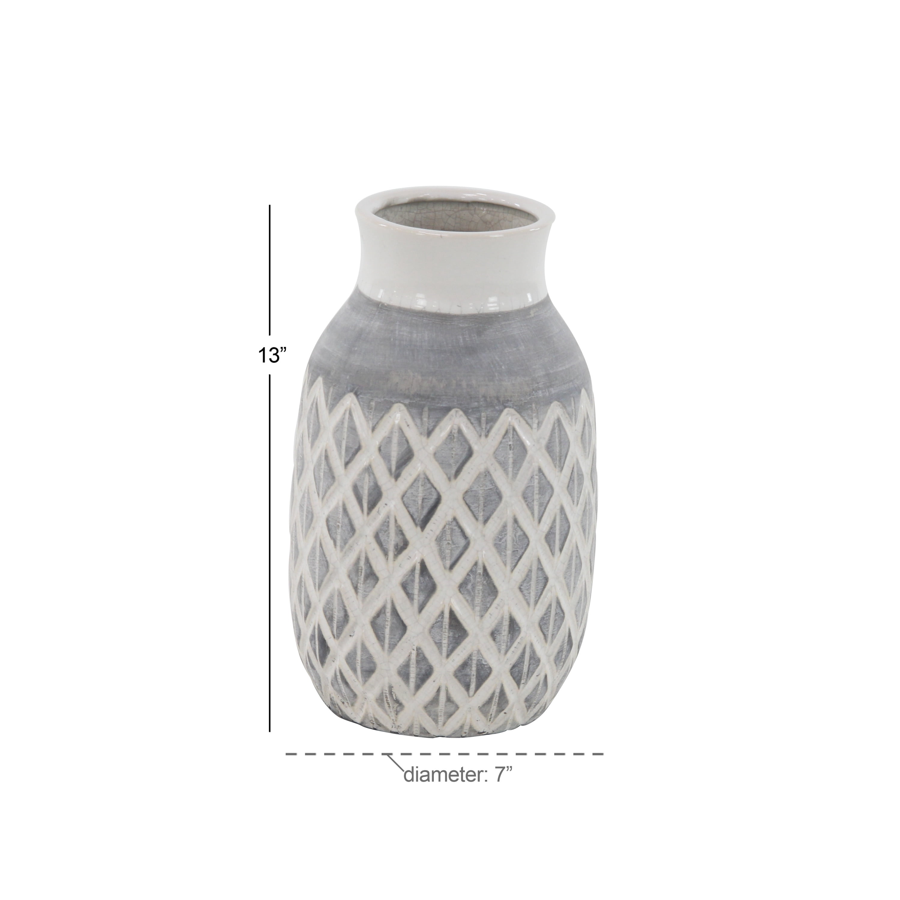 DecMode 13" White Ceramic Vase with Diamond Pattern