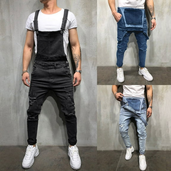 Hinvhai Men's Denim Bib Overall Jean Romper Trousers Adjustable Strap Workwear Slim Fit Jumpsuit Navy XL(XL)