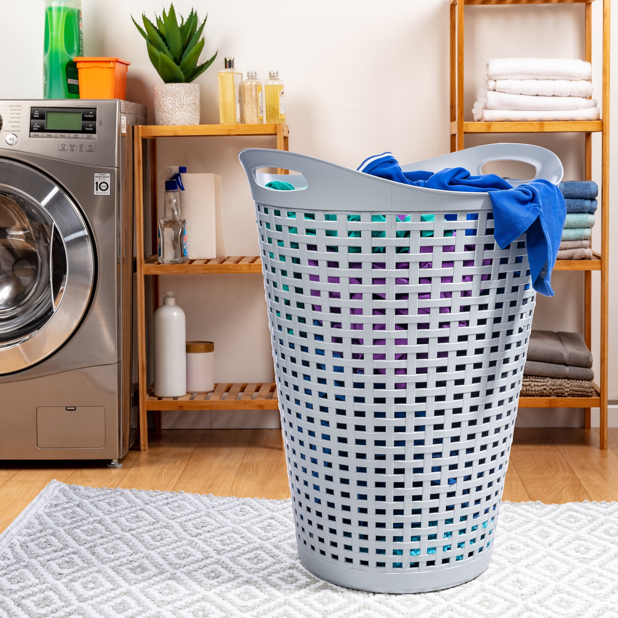 Mainstays Flexible Round Wicker Plastic Laundry Hamper, 3 Pack, Soft Silver