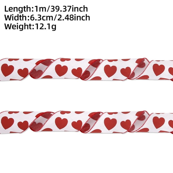 Valentine Heart Ribbon, White Background with Red Glitter Hearts Wired Ribbon for Gift Bows and Crafts, Decorative Trim for Romantic DIY Projects and Party Decorations