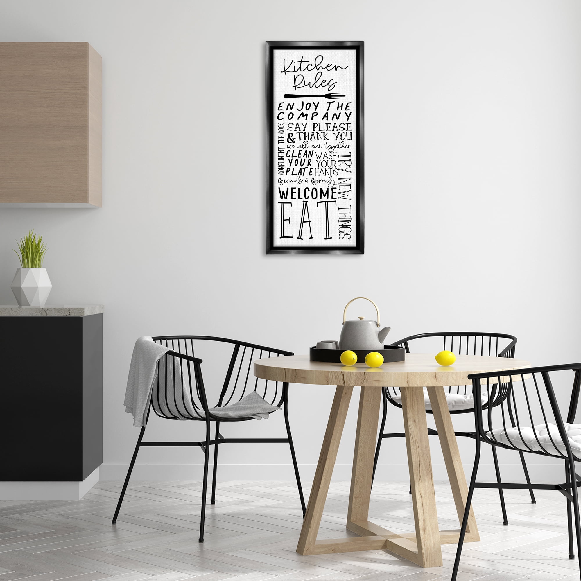 Stupell Industries Kitchen Rules Typography Food & Beverage Painting Black Floater Framed Canvas Art Print Wall Art, 14 x 31