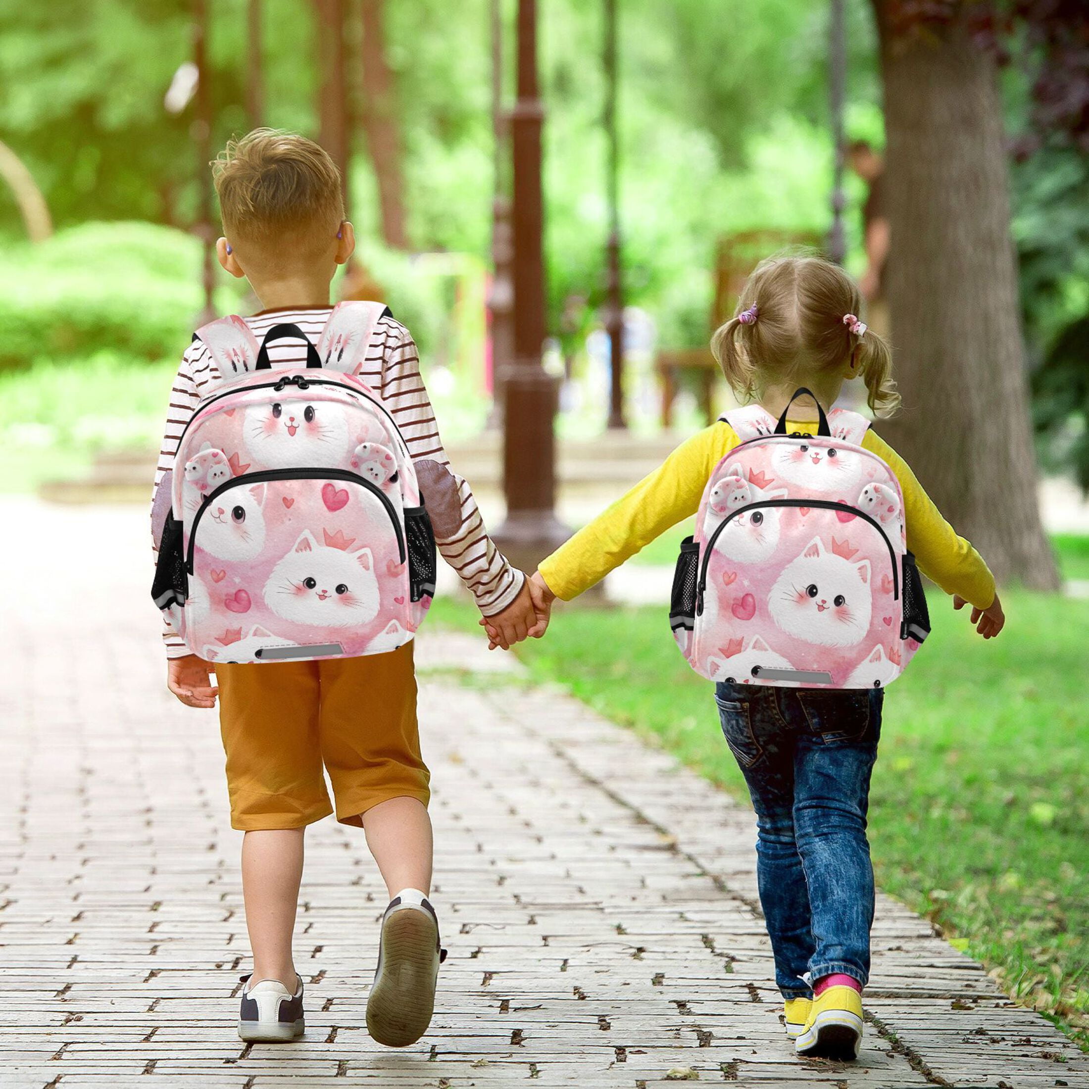 RMDQTR Adorable Ear-Print Backpack with Reflective Strip and Anti-Lost Leash Adjustable Shoulder Straps Mini Travel Backpack Cat Faces and Pink Hearts