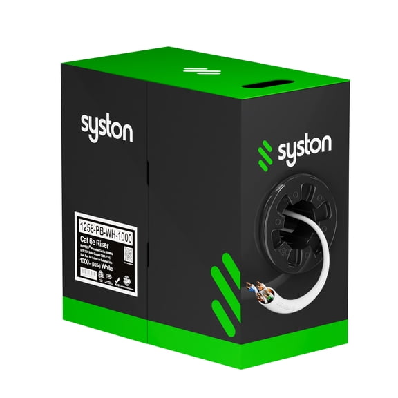 SYSTON CABLE TECHNOLOGY Cat 6E Ethernet Network Cable - 1000 FT, 600MHz 23AWG Solid Bare Copper Wire Outdoor/Indoor, Bulk No Ends 10 Ft to 1000 Ft Available, Heat Resistant Riser Rated - CMR White