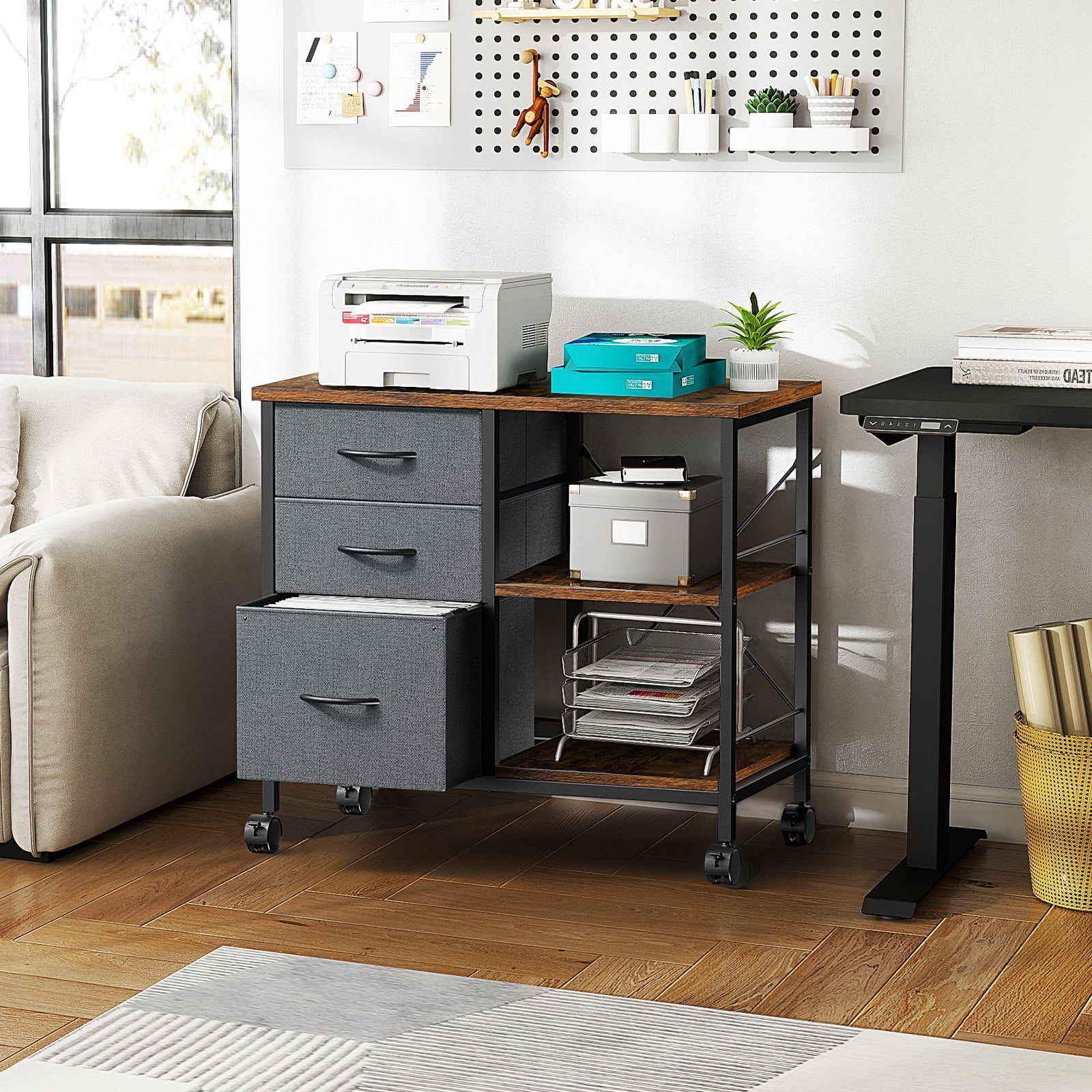 JIOABL 3-Drawer Mobile File Cabinet - Stylish Rolling Storage Solution with Open Shelf for Home Office, Rust