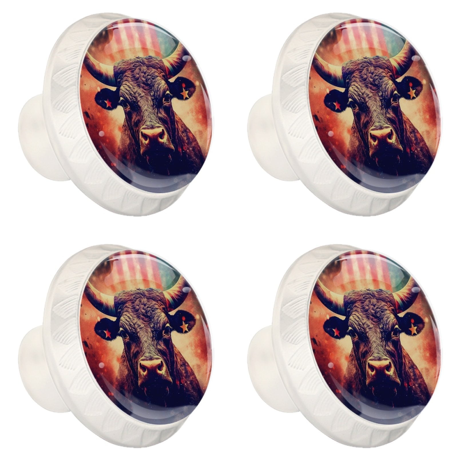 4 Pcs Cow American Flag Knobs for Kitchen Cabinet Cupboard Dresser Bookcase Drawer Pulls Handles Round Home Decor