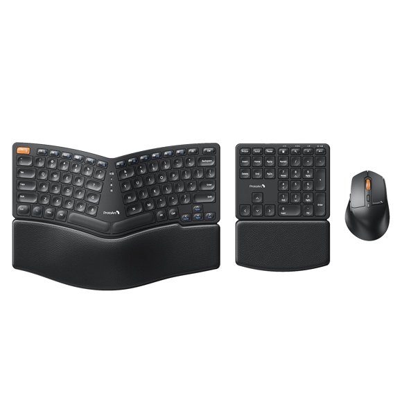 ProtoArc Ergonomic Keyboard Mouse, EKM04 2.4GHz Wireless Ergo Keyboard Mouse Combo, Separate Numeric Keypad, Split Design, Wrist Rest, Rechargeable, f