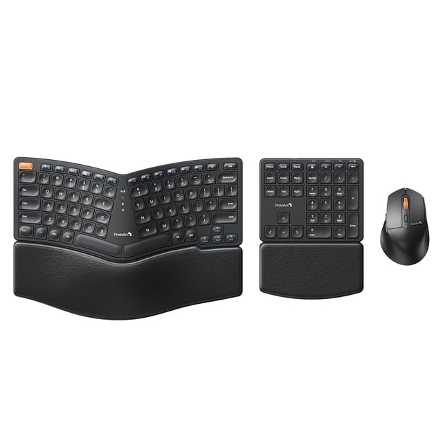 ProtoArc Ergonomic Keyboard Mouse, EKM04 2.4GHz Wireless Ergo Keyboard Mouse Combo, Separate Numeric Keypad, Split Design, Wrist Rest, Recha