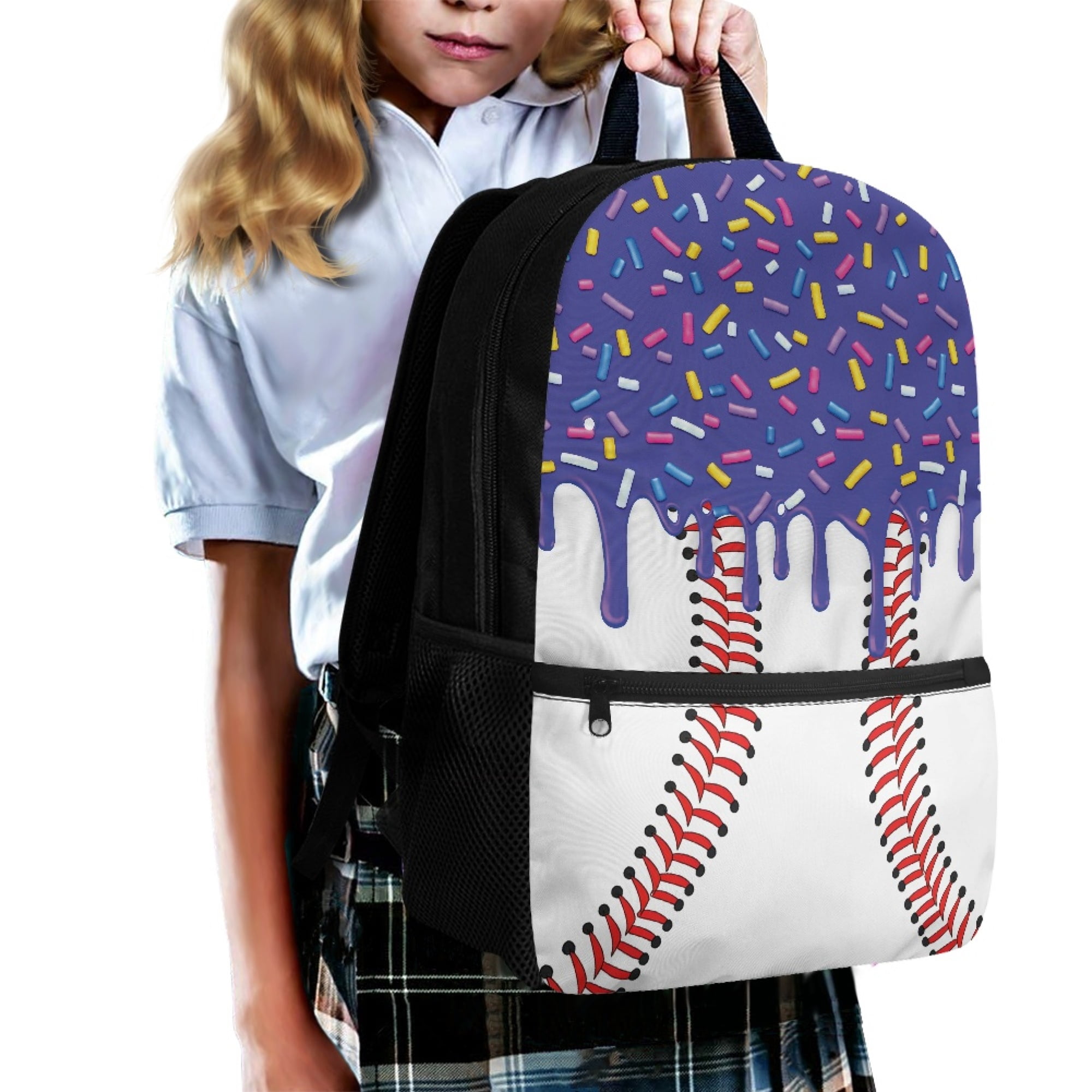Uourmeti Baseball Sprinkle Drip Pattern Side Mesh Pockets Backpack, 17 Inchs Multiple Pockets Polyester Backpack Smooth Zippers Daypack for Adults