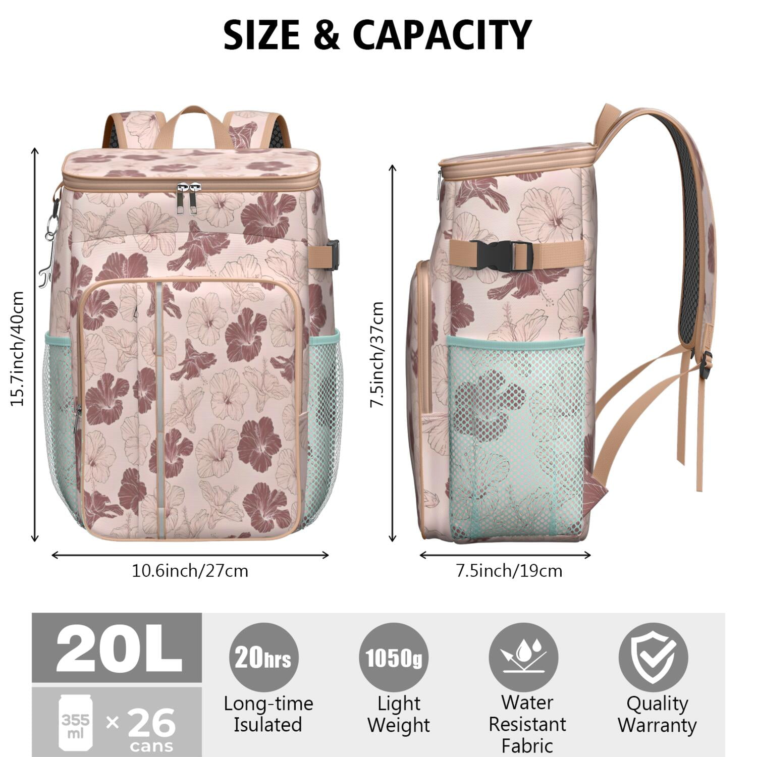 Travel Cooler Bag - Pioneer Flower Floral Print Pattern Camping Beer Cooler Backpack with Bottle Opener- Waterproof Insulated Picnic Backpacks - Cooler Bag for Beach