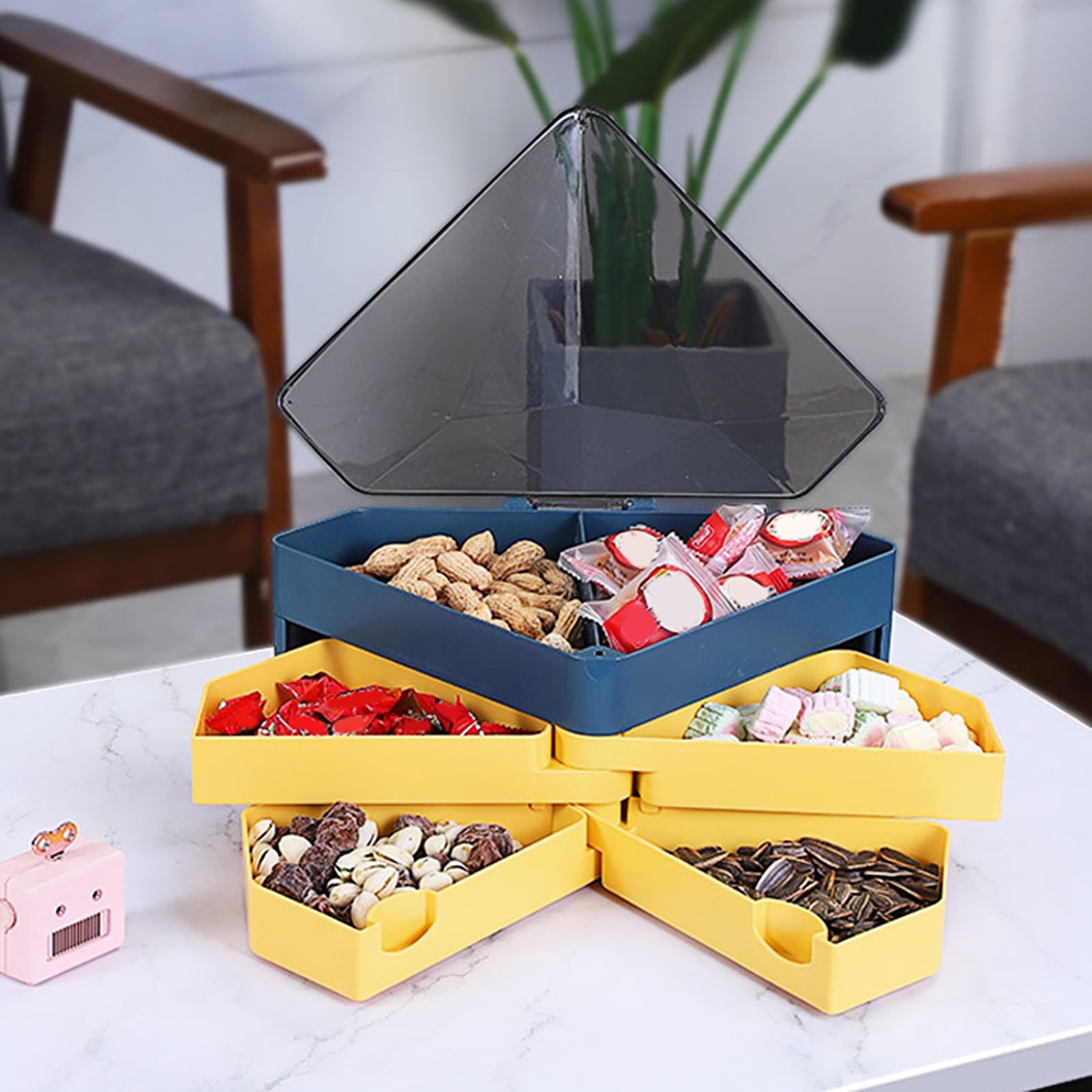 HeYii Candy Storage Box Diamond Shaped Rotating 3layered Snack Dried