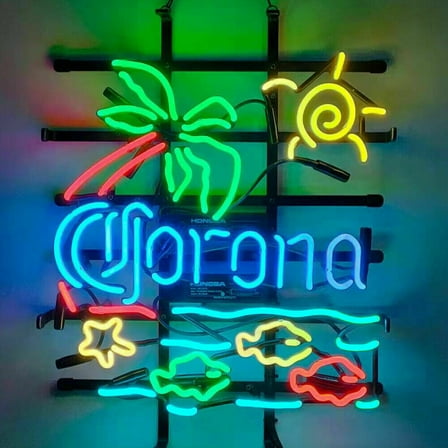 Queen Sense 17"x14" Coronas Fish Palm Tree Sun Neon Sign Man Cave Handmade Neon Light 117CFPTSV2