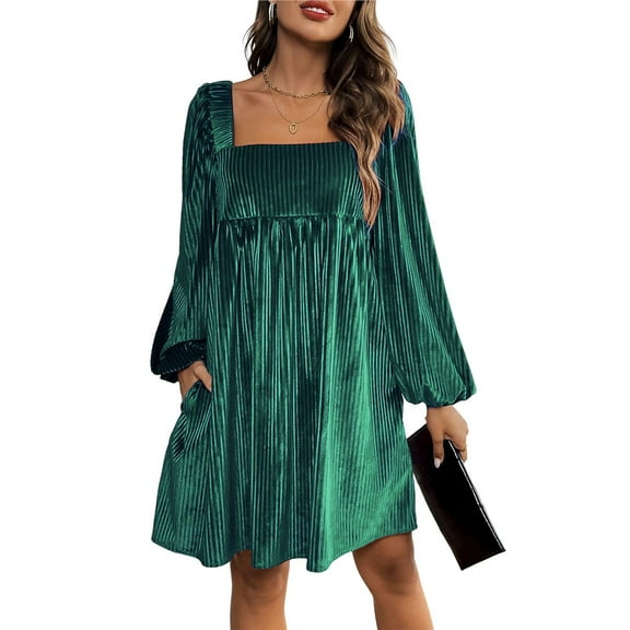 Women's Loose Fit Square Neck Long Sleeve Velvet Mini Babydoll Dresses Shift Dress Dark Green L