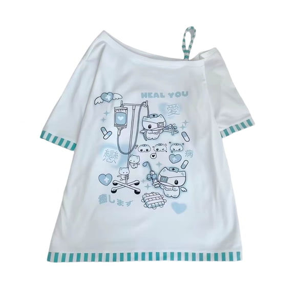Women's T-Shirt Harajuku Cutecore Cartoon Cat Graphic Boat Neck Short Sleeve Y2K Oversized Tee Casual Top