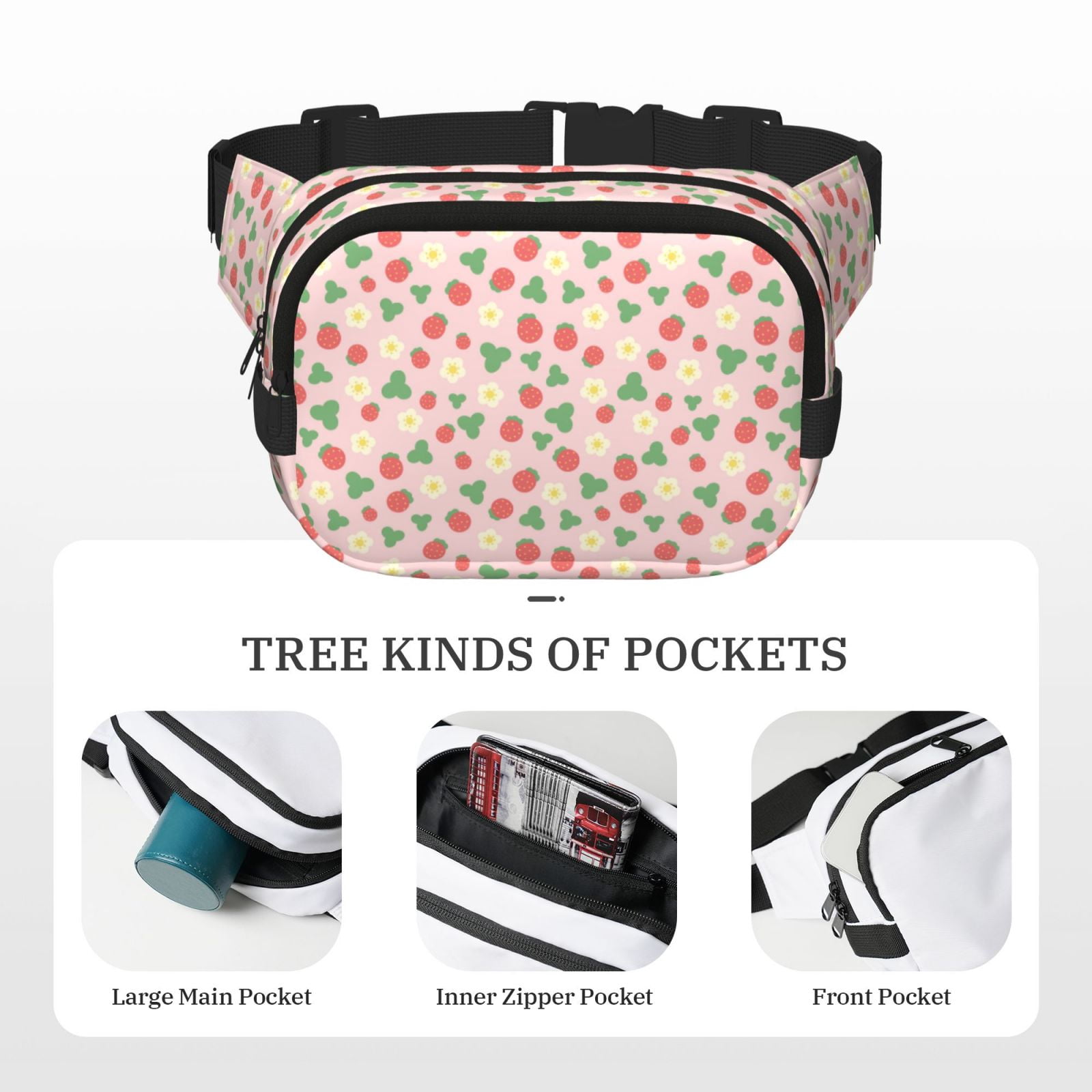 Picia Strawberry And Flowers Print Square Double-Layer Waist Bag Mini Adjustable Waist Belt Bag Exercise Running Travel Hiking