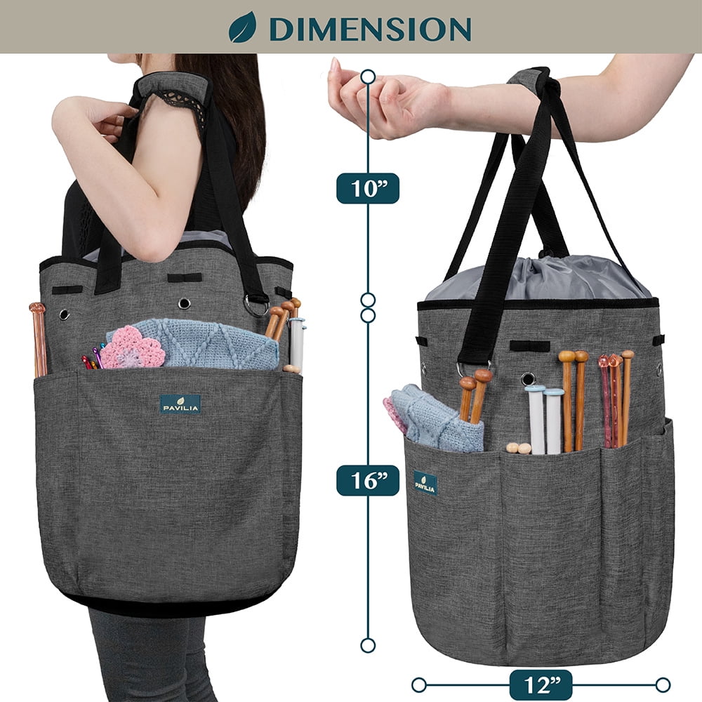 PAVILIA Knitting Bag Crochet Organizer Bag, Yarn Storage Tote, Knitting Accessories Supplies, Yarn Holder For KnittingWith Grommets, Needles Hooks Essentials, Crochet Project Case (Charcoal Gray)