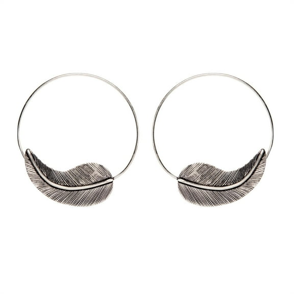 81stgeneration Women's Silver Tone Brass 50 mm Detailed Leaf Plume Feather Hoop Threader Earrings