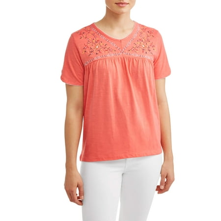 - Women's Short Sleeve Embroidered V-Neck Top
