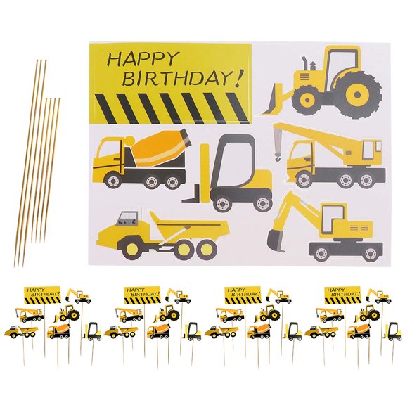 UPKOCH 35 Pcs Assorted Color ConstructionThemed Cake Decors Paper and Wood Dessert Toppers for Kids Birthday Parties