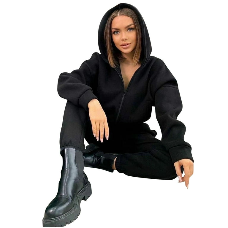 REORIAFEE Outfits Set Summer Sweatsuits Gym Outfits Women's Hooded Zipper  Sweater Casual Two Piece Long Sleeve Hooded Suit Black M 