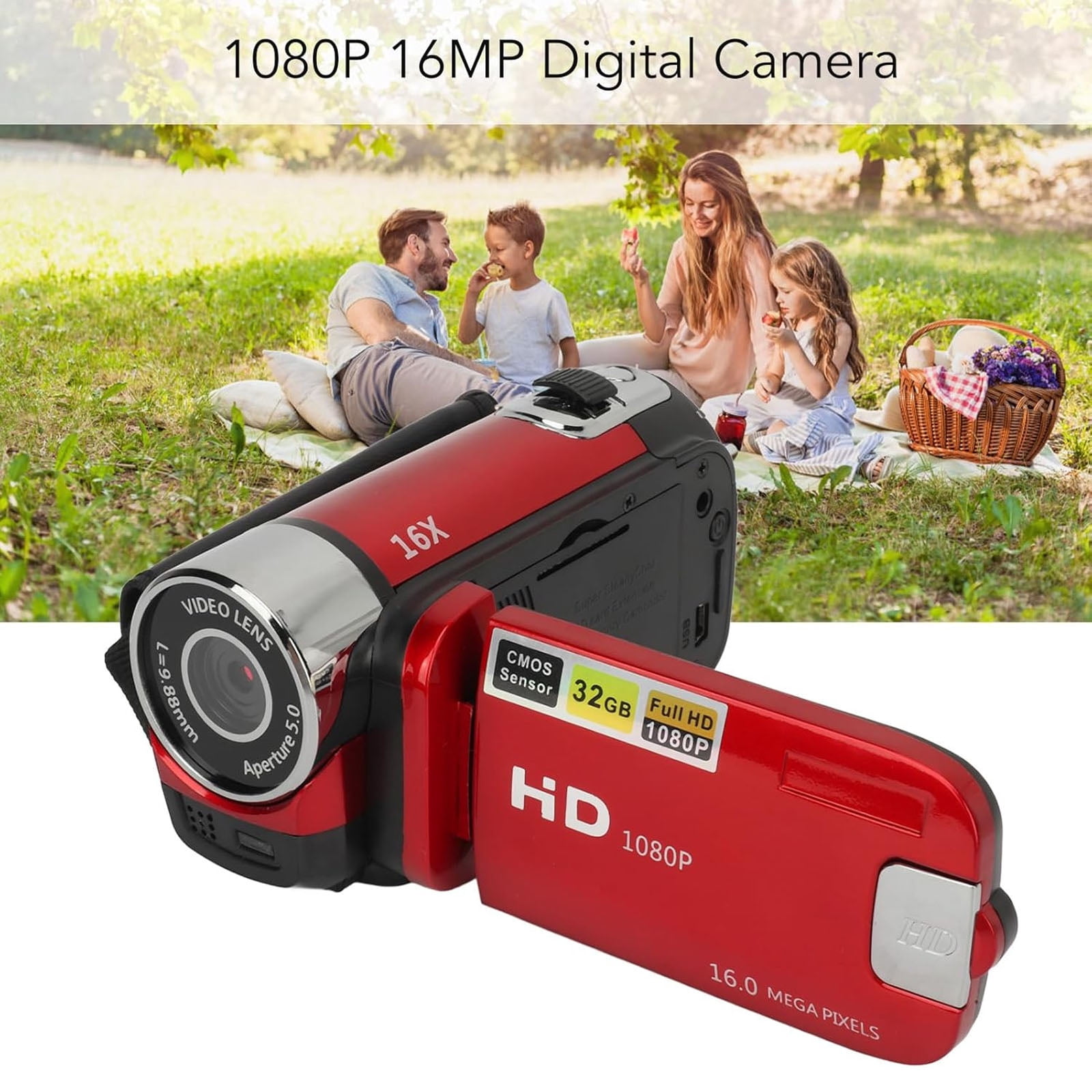 Portable Full HD 1080P High Definition Digital Video Camera, DV Camcorder Camera Recorder, 16MP 2.7 Inch LCD Screen 16X Digital Zoom, 270° Rotation, Red