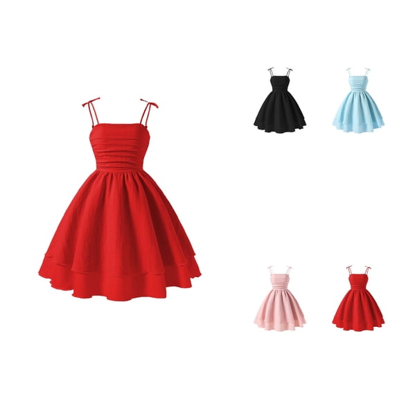 Girls Summer Spaghetti Straps Smocked Ruched A-Line Swing Dress, Solid Color Sweet Sleeveless Party Dress for Kids