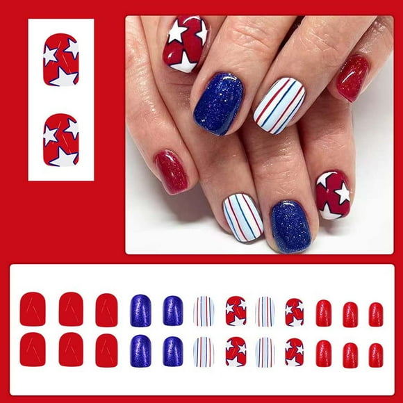 Deals of The Day! Gspmoly False Nails, Short Glossy Independence Day New Light Irregular Lines Glitter 24Psc Press On Nails