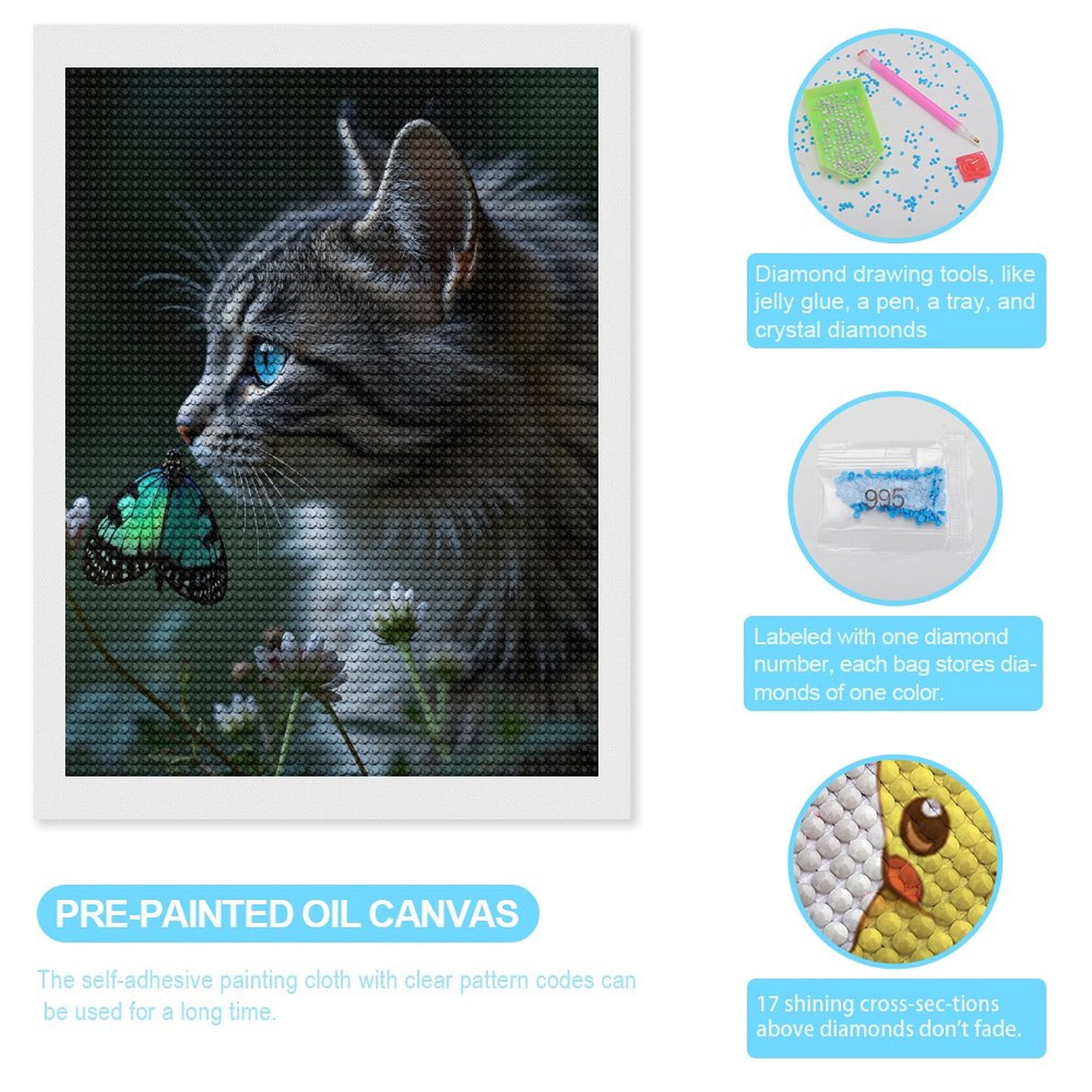 Diamond Art Kits for Adults, Cat Blue Eyes Butterfly Blossoms 5D Diamond Painting Kits for Adults Beginners, DIY Full Drill Diamond Painting, Gem Art and Crafts 12x16