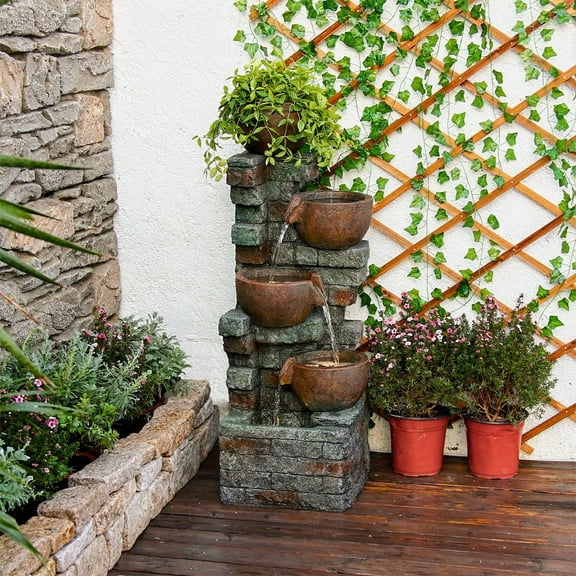 39.37''H Outdoor Water Garden Fountain 5-Tiers Cascading Bowl and Stacked Stones Waterfall Water Feature Indoor Bowl Planter Water Fountain Decor with LED Lights for Garden Patio Porch Backyard