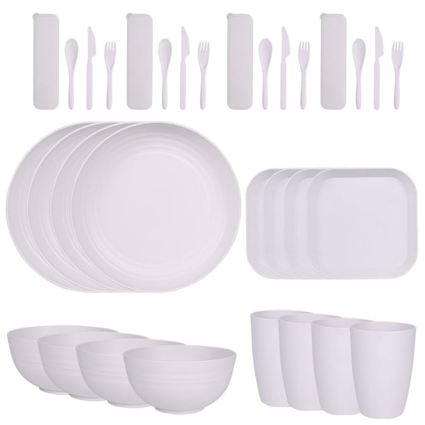 Nvzi 32pcs Wheat Straw Dinnerware Sets for 4 - Lightweight Unbreakable - Microwave Dishwasher Safe - Perfect for Picnic, Dorm,Camping Plates Cups and Bowls Set -White