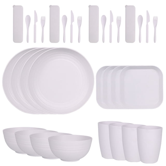 Nvzi 32pcs Wheat Straw Dinnerware Sets for 4 - Lightweight Unbreakable - Microwave Dishwasher Safe - Perfect for Picnic, Dorm,Camping Plates Cups and Bowls Set -White