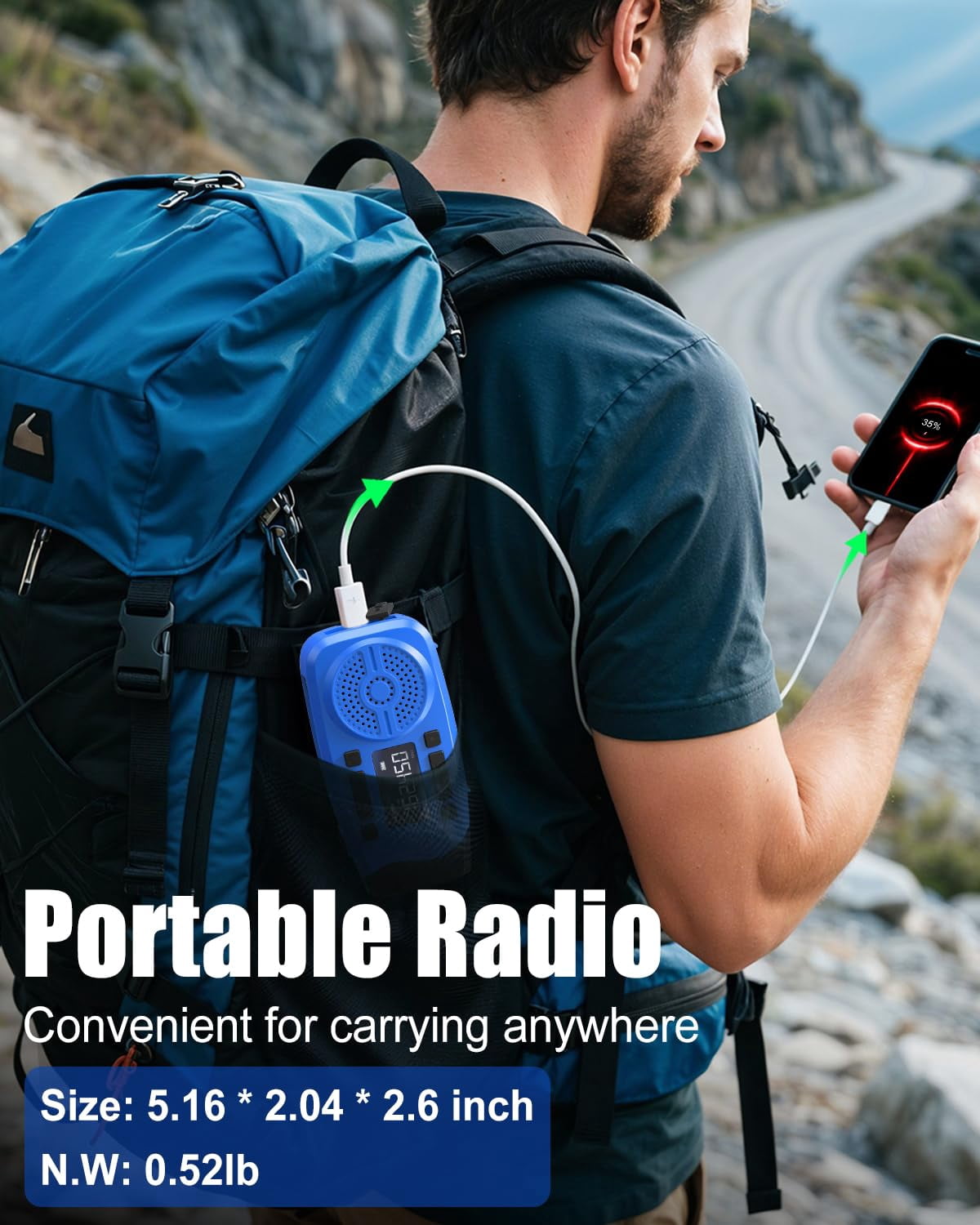Emergency Weather Radio  7400mwh Hand Crank With Lcd Display Support Alert Usb/solar/hand 1w Flashlight&sos Alarm For Outdoor&home (blue)