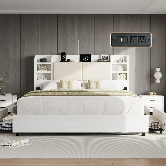 Merluxy King Size Bed Frame with 4 Storage Drawers, Upholstered Bed Frame with 47.2" Bookcase Headboard, with Charging Station/White