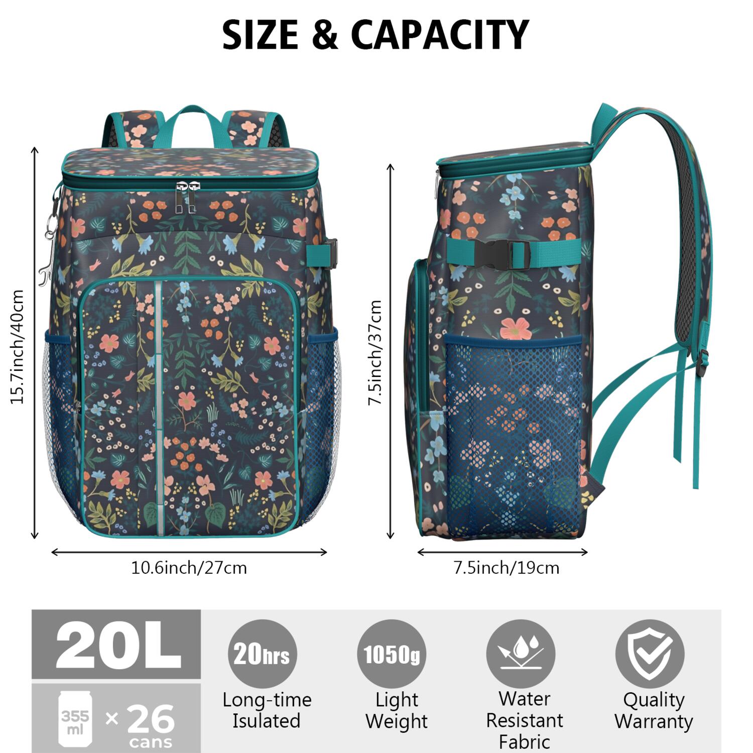 Travel Cooler Bag - Pioneer Flower Floral Print Pattern Camping Beer Cooler Backpack with Bottle Opener- Waterproof Insulated Picnic Backpacks - Cooler Bag for Beach