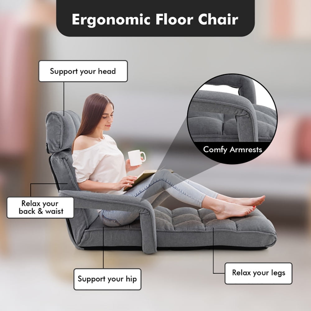 Finihen Floor Chair, Adjustable Folding Floor Chair, 6-Position Adjustable Floor Chair with Adjustable Armrests and Footrest, for Living Room, Bedroom, Gray Finihen Floor Chair, Adjustable Folding Floor Chair, 6-Position Adjustable Floor Chair with Adjustable Armrests and Footrest, for Living Room, Bedroom, Gray
