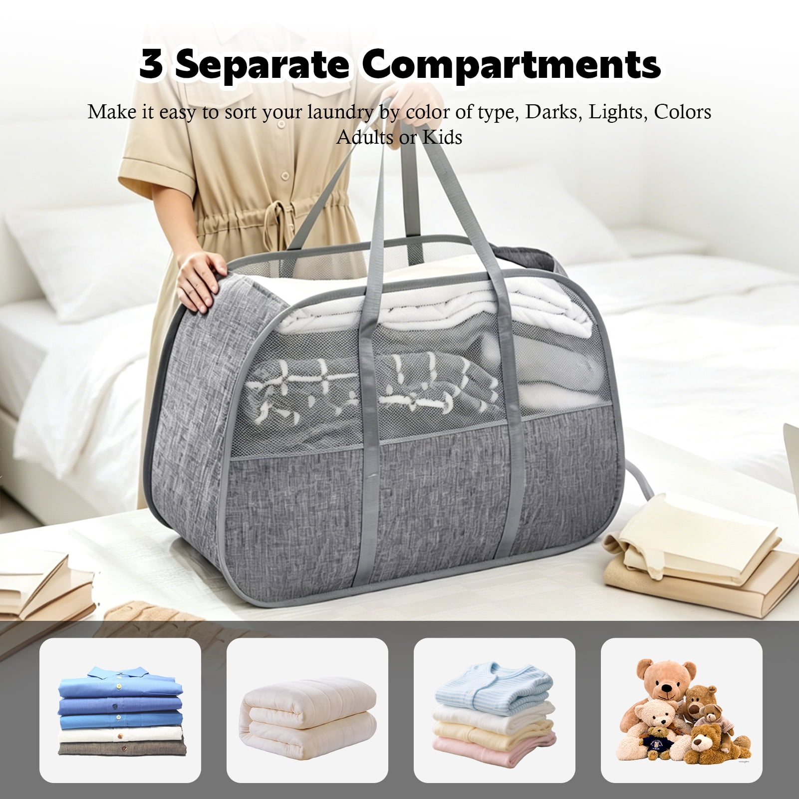 Godance Collapsible Laundry Baskets with Easy Carry Handles, 95L Large Foldable Laundry Hamper - Tear-Proof Pop Up Clothes Hamper for Storage - Space-Saving Laundry Basket for Bedroom, Bathroom, Dorm