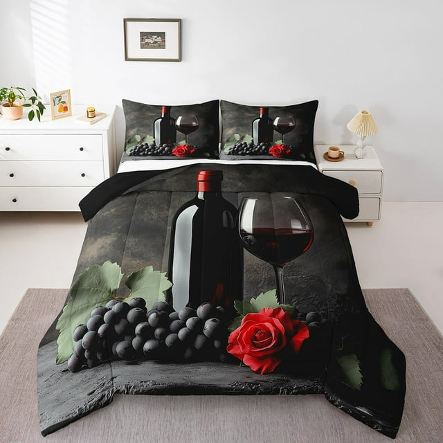 Ensemble de Literie 3D Rose, Ensembles de Couette de la Saint-Valentin Taille Simple pour Enfants Adolescents Adultes, Ensemble de Lit Verre de Vin Rouge, Couette Romantique Fruit de Rose Décoration de Chambre