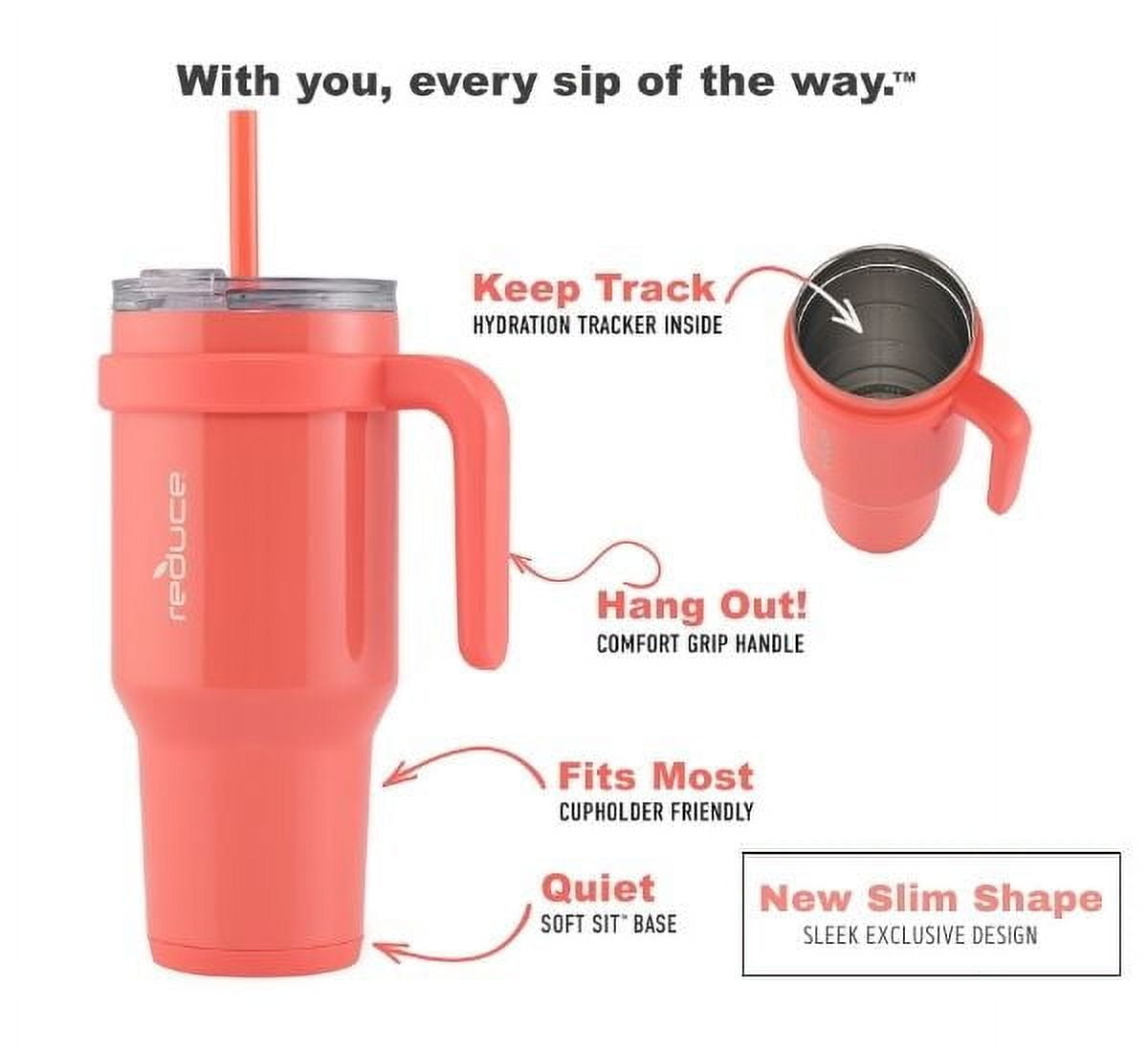 Reduce Slim Cold1 Tumbler - Straw, Lid & Handle. Insulated Stainless Steel 40oz, Pink Coral