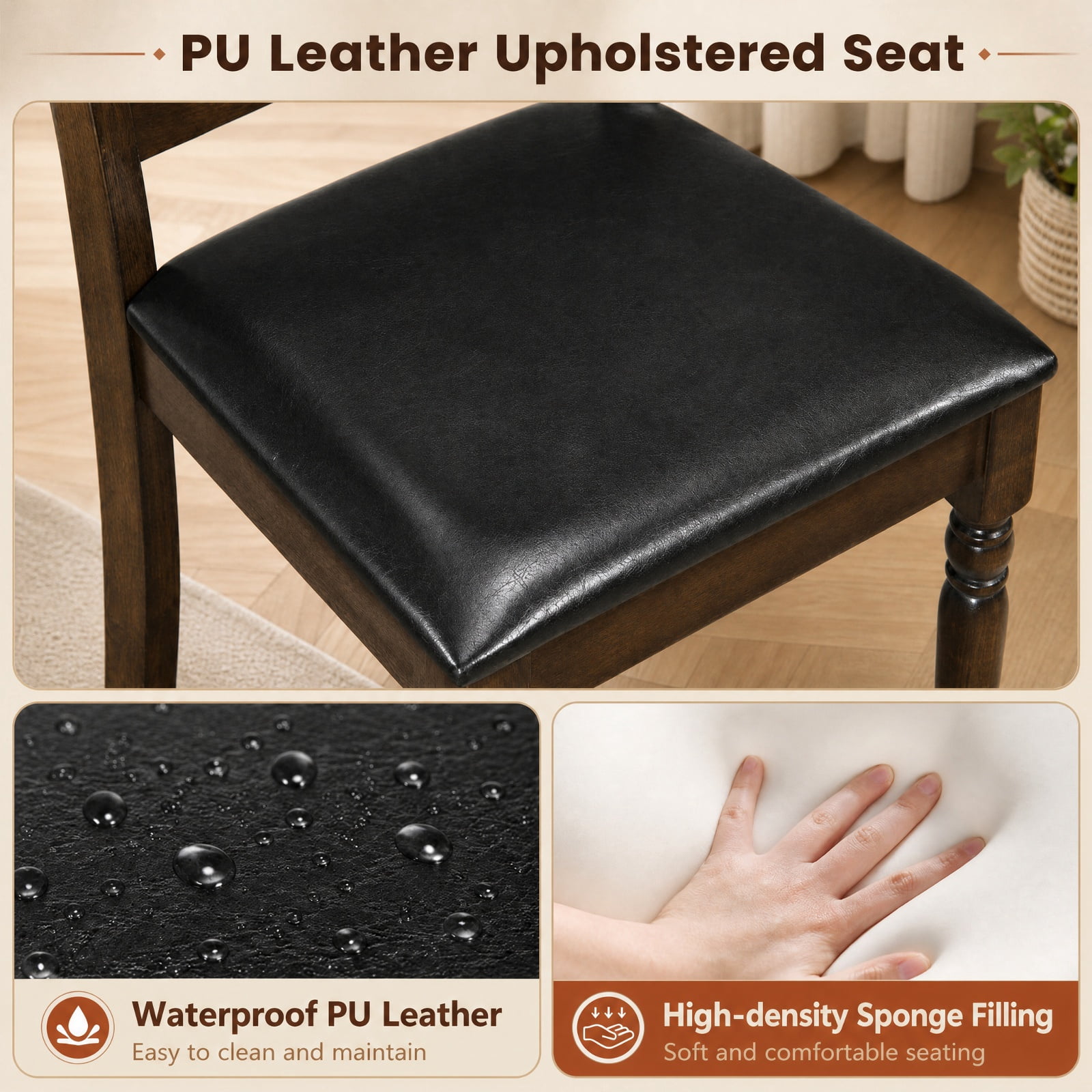 Furnibear Farmhouse Dining Chairs Set of 2 PU Leather Upholstered Ladder Back Kitchen Chairs with Spiral Legs for Dining Room, Brown