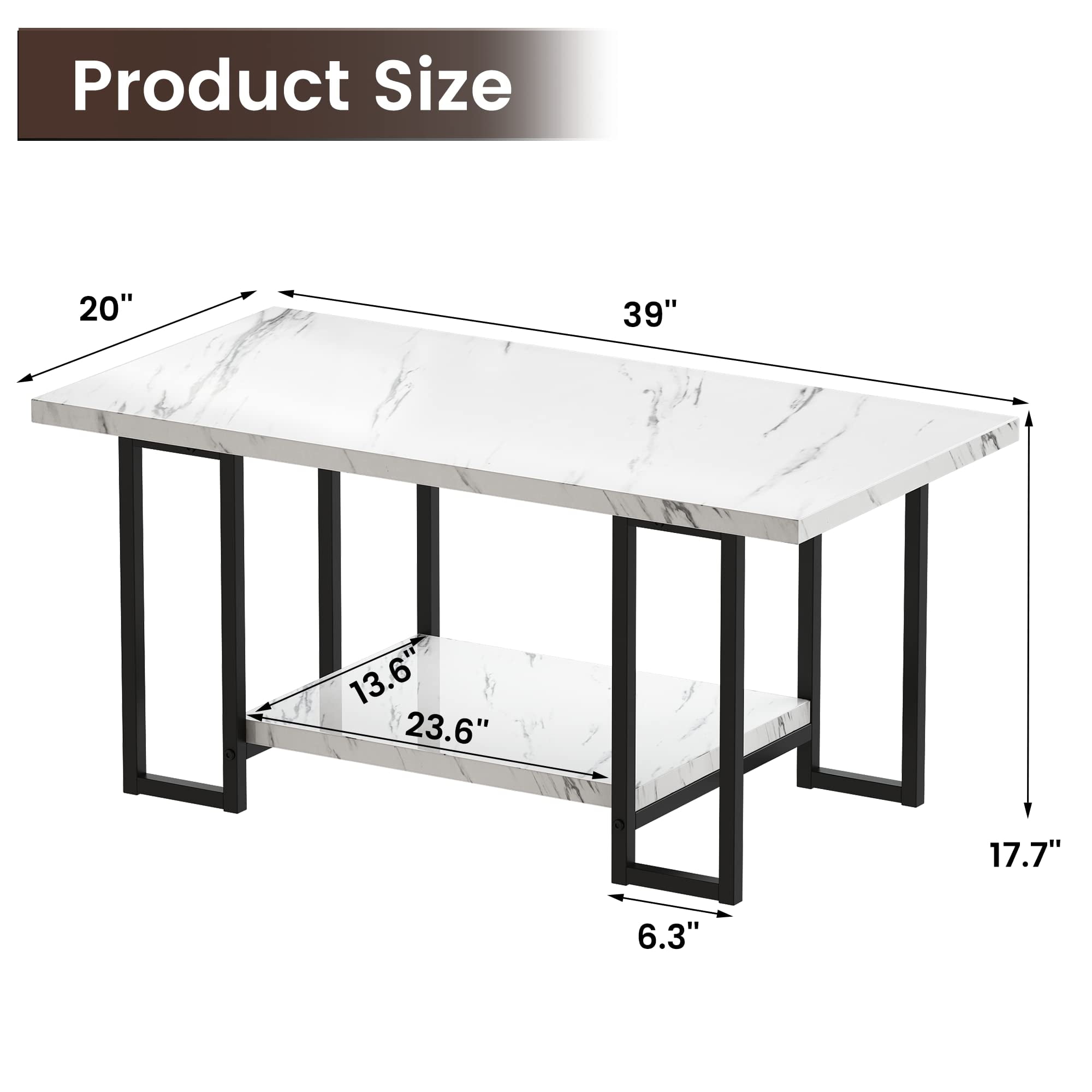 Baxluxe Long Coffee Table with Storage Tea Table Rectangle Coffee Table for Living Room,Faux Marble Sofa Table 2-Tier Storage Center Table,Table Modern Coffee Table,SWhite & Black