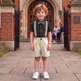 thumbnail image 2 of Boys British Suspender Suit Set, White Short Sleeve Shirt Striped Shorts Bow Tie Suspenders Formal Back to School Outfits for Kids Birthday Wedding Stage Performance(Black3,3-4 Years), 2 of 4