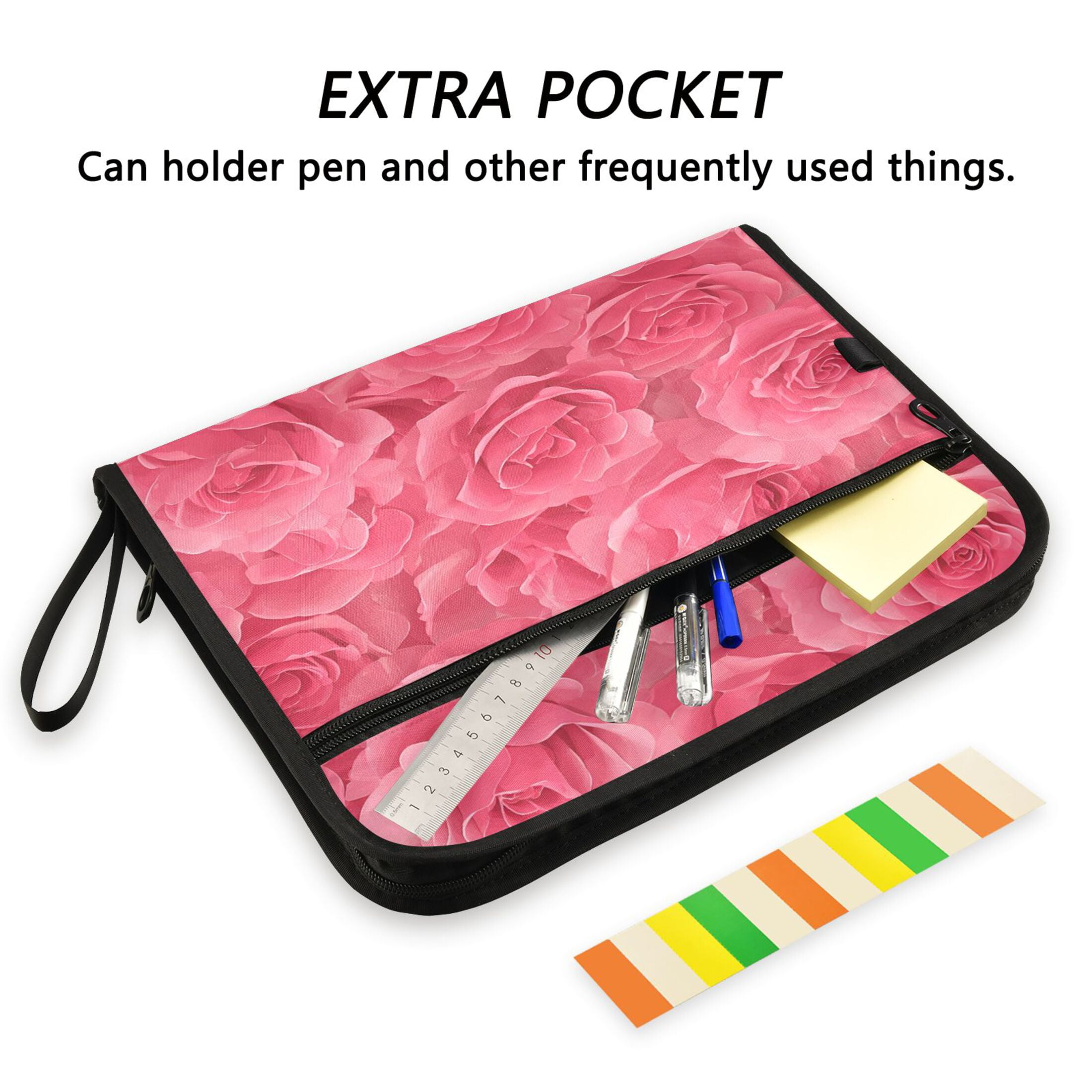 Accordion File Organizer with Zip Closure 13 Pockets Expanding File Folder Letter A4 Paper Document Organizer for Home Office Seamless Pattern with Pink Rose