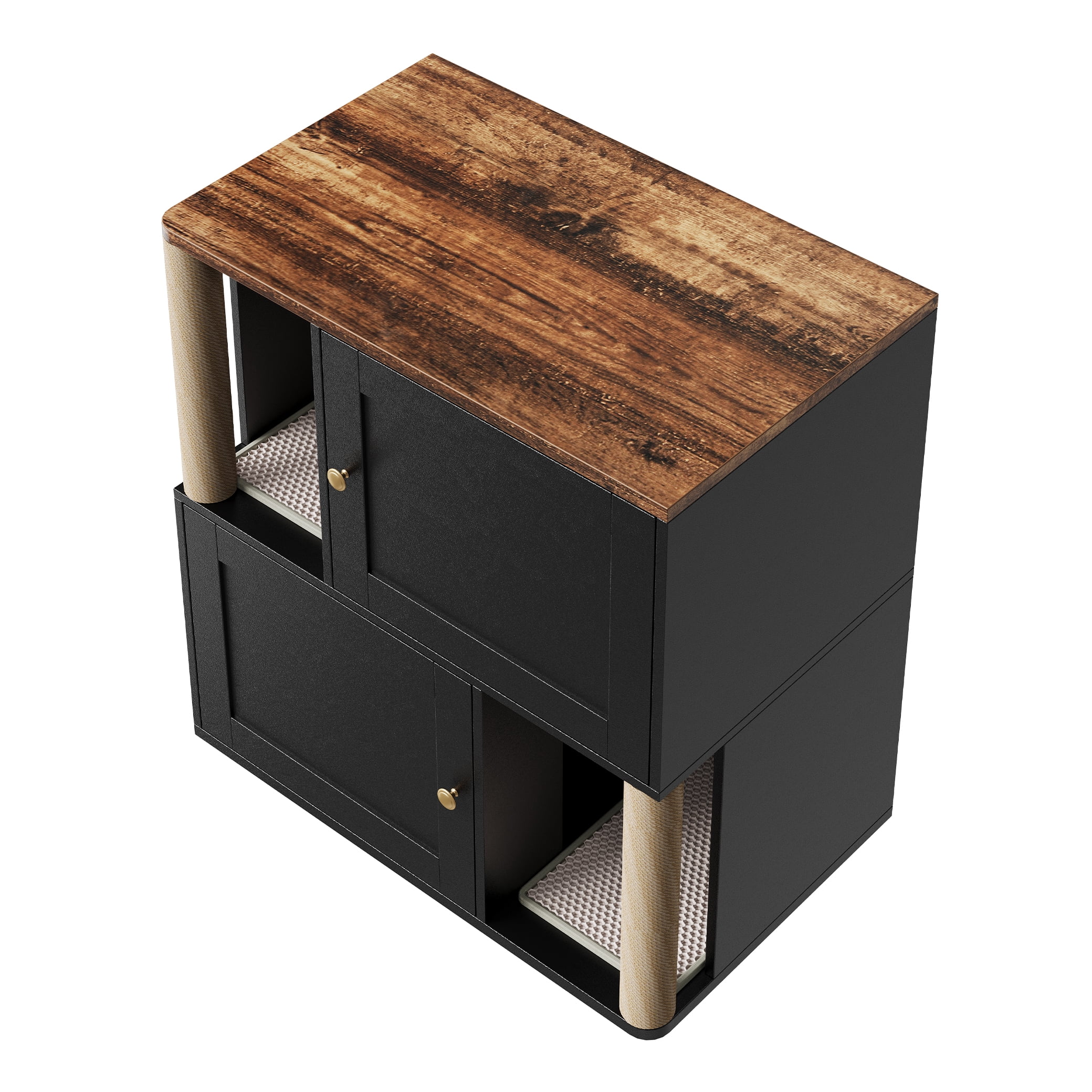 Double Layer Cat Litter Box Enclosure for 2 Cats, Hidden Litter Box Furniture with Cat Scratching Post and Board, 2 Story Wooden Cats Washroom or Bed