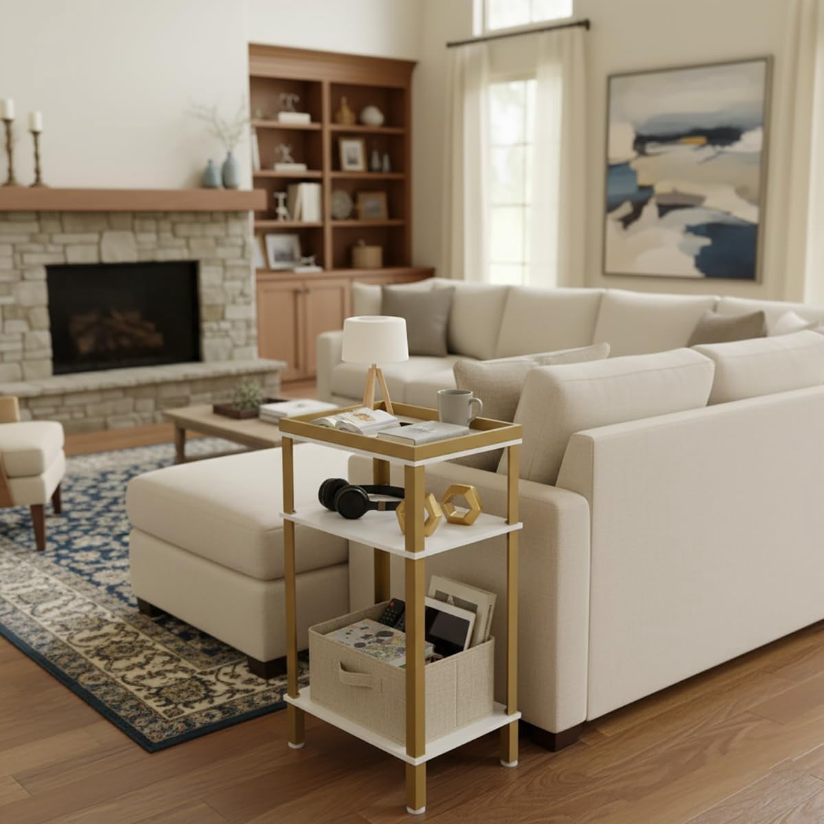 ZEXVIDA Side Table for Small Spaces, 3 Tier End Table with Metal Tabletop Tray Storage Shelf, Small Narrow Thin End Table Bedside Table,Nightstand for Hallway,Living Room,Bedroom (White & Gold)
