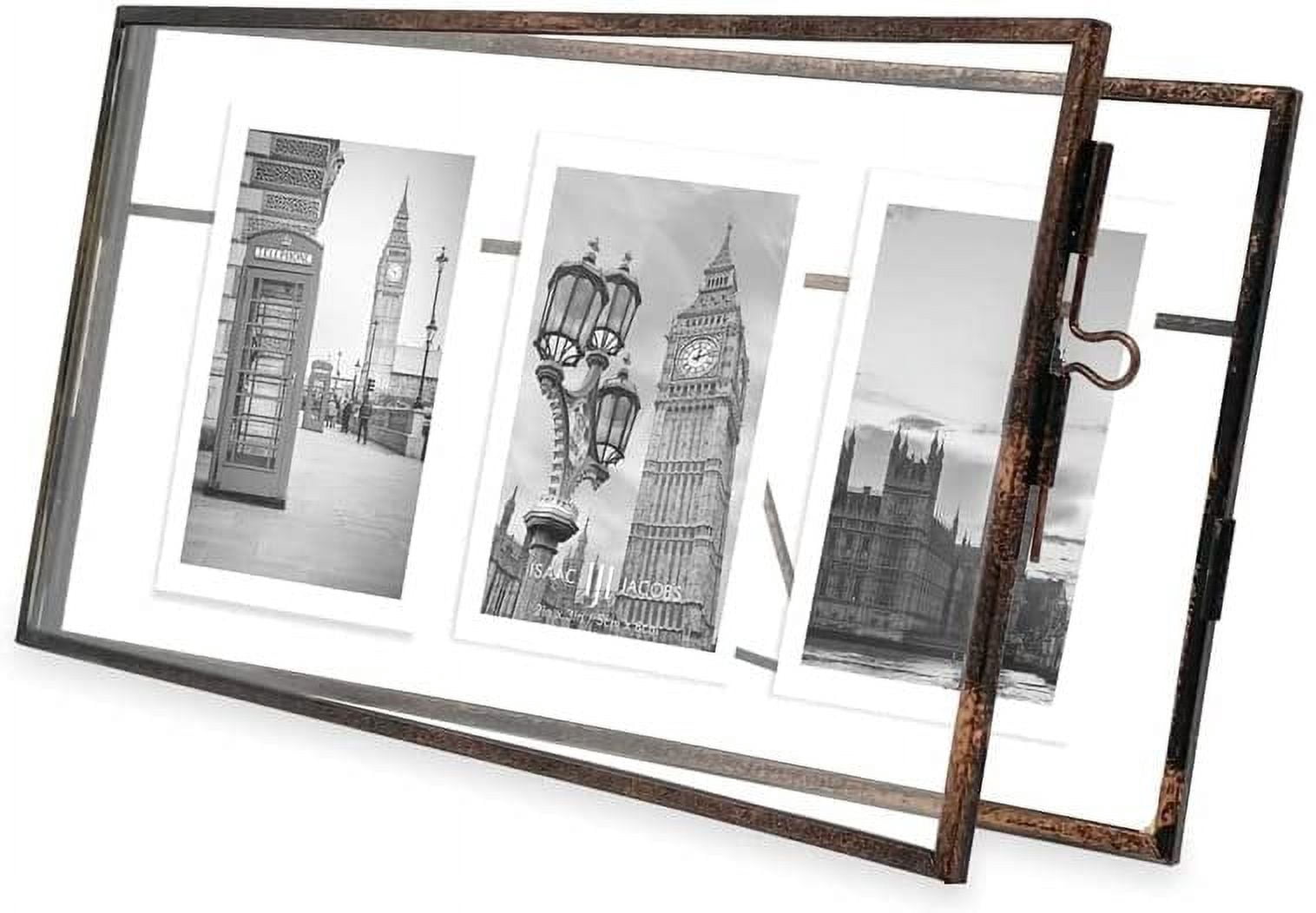 Isaac Jacobs 3-Photo Vintage Style Glass and Metal Floating Picture Frame Horizontal w/ Locket Closure; For Photos, Art, & More, Tabletop Display Three-2x3, Antique Bronze