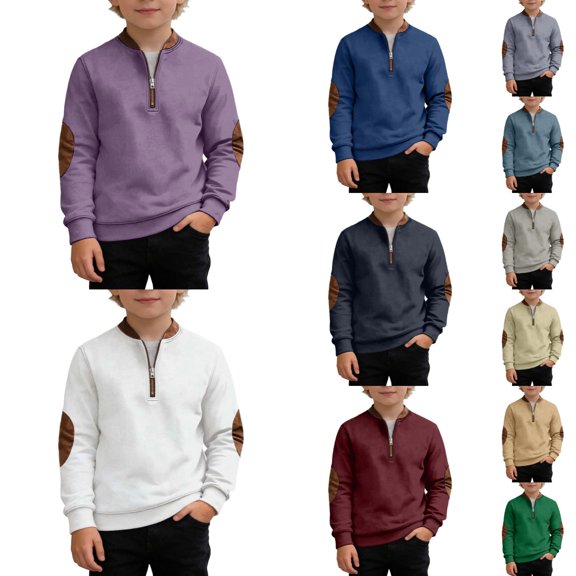 Shadoumai Boys Quarter Zip Pullover Sweatshirt Autumn Winter Fashion Athletic Long Sleeve Preppy Sweater Top with Elbow Patches 16-17 Years