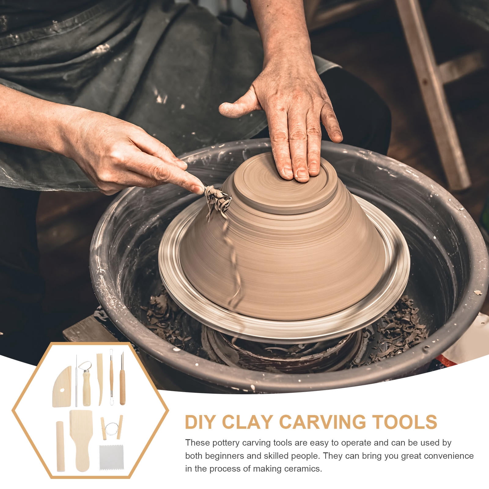 DINHEAROM Clay Tools Wood Stainless Steel Pottery Clay Tools DIY Pottery 2 Sets 7.2x2.8x0.6in