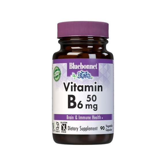 Bluebonnet Vitamin B6 50mg, Nervous System*, Heart Health*, 90 Vegetable Caps, 90 Days
