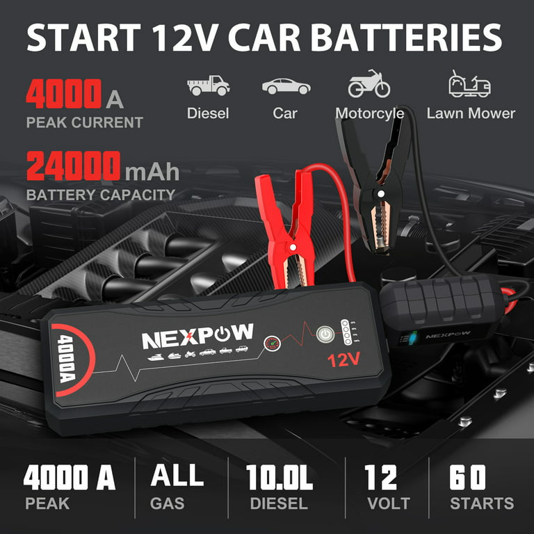 NEXPOW Battery Jump Starter, 4000A Peak 24000mAh Jump Starter (for All Gas  and 10.0L Diesel Engines), 12V Portable Jump Box Battery Booster Power Pack
