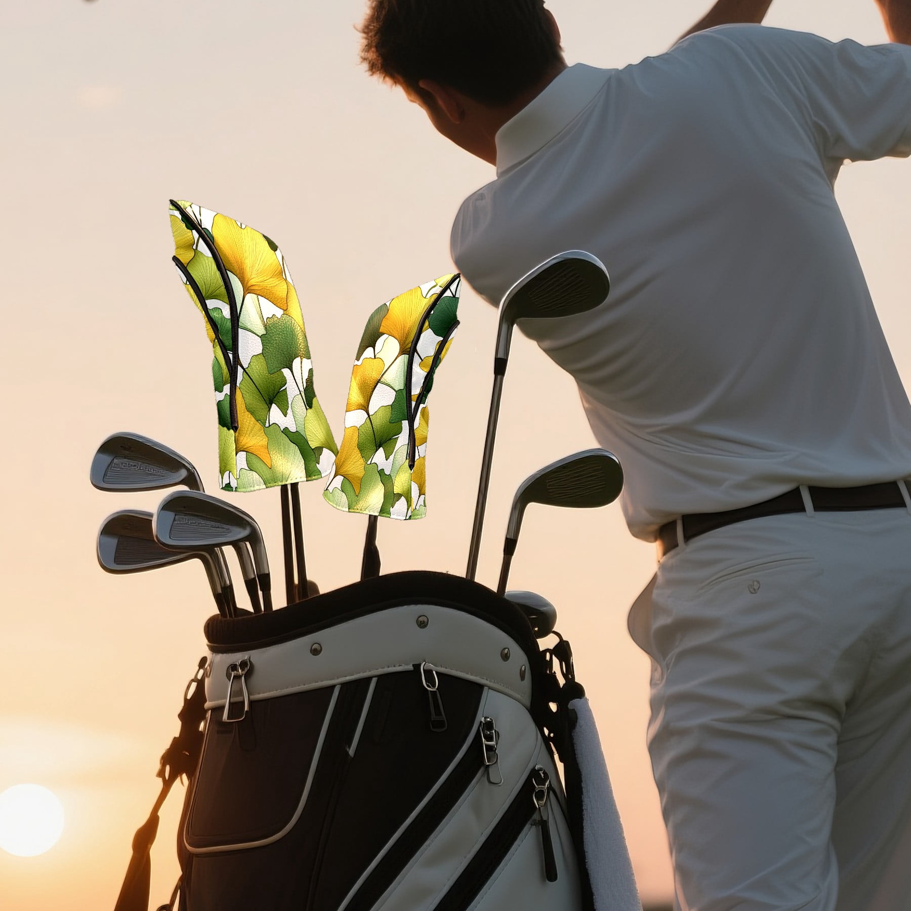 Golf Club Covers PU Leather Waterproof Head Covers for Fairway Woods Hybrids Yellow Green Ginkgo Leaves