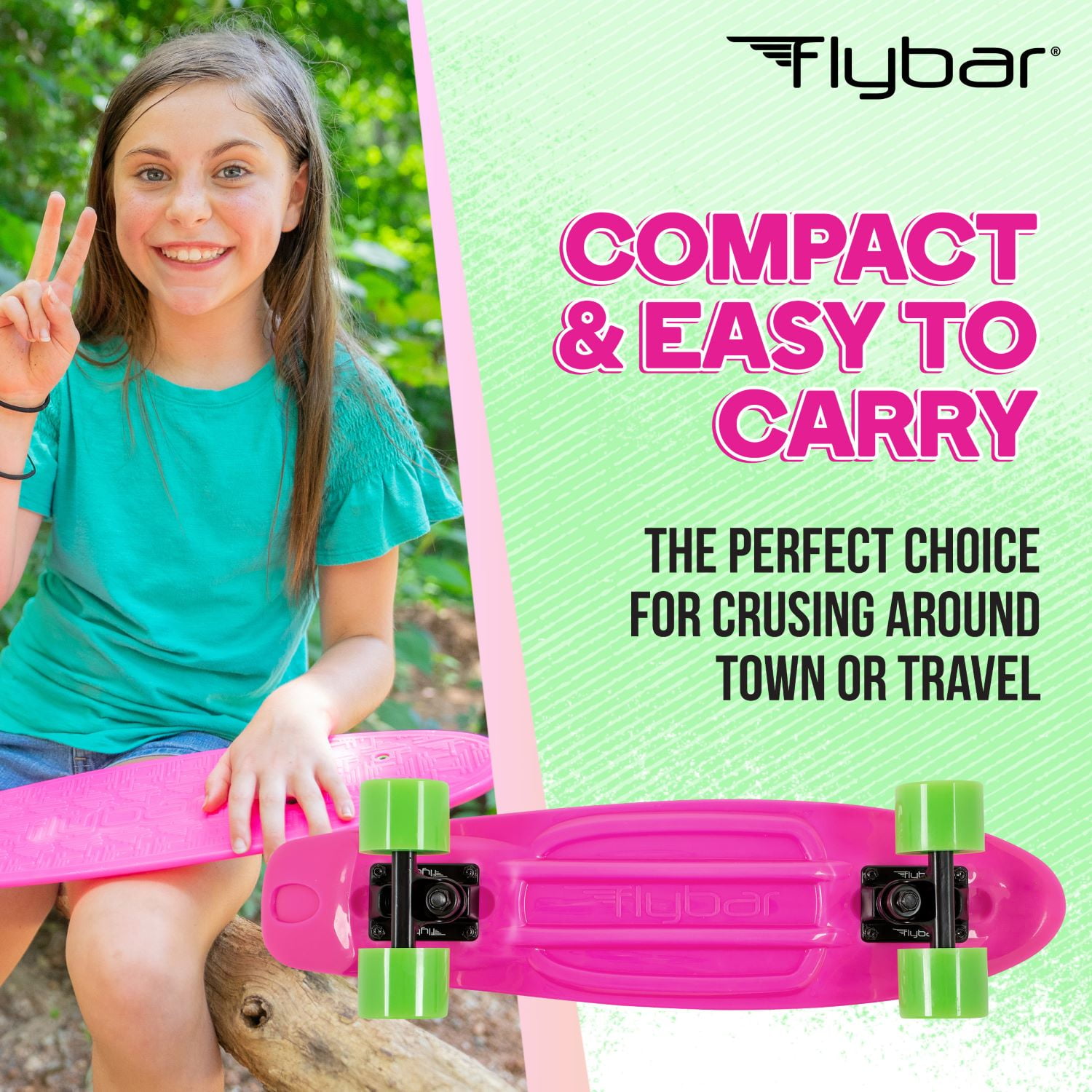 Flybar 22 inch Plastic Cruiser Skateboard, Non-Slip Deck, for Boys and Girls Ages 6+ up to 175lbs, Pink